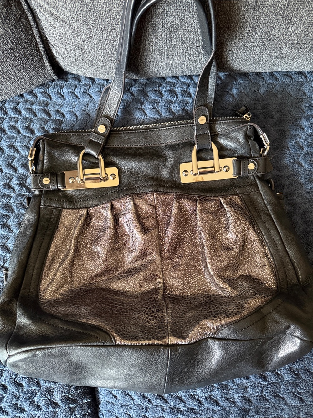 b. makowsky Black Leather Shoulder Bag with Metallic silver Front Panel